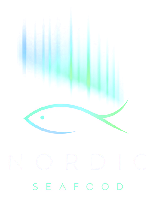 Nordic Seafood logo, northern lights over a fish